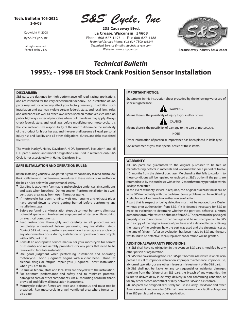 S&S Cycle EFI Stock Crank Position Sensor 1995 1/2 - 1998 User Manual | 2 pages