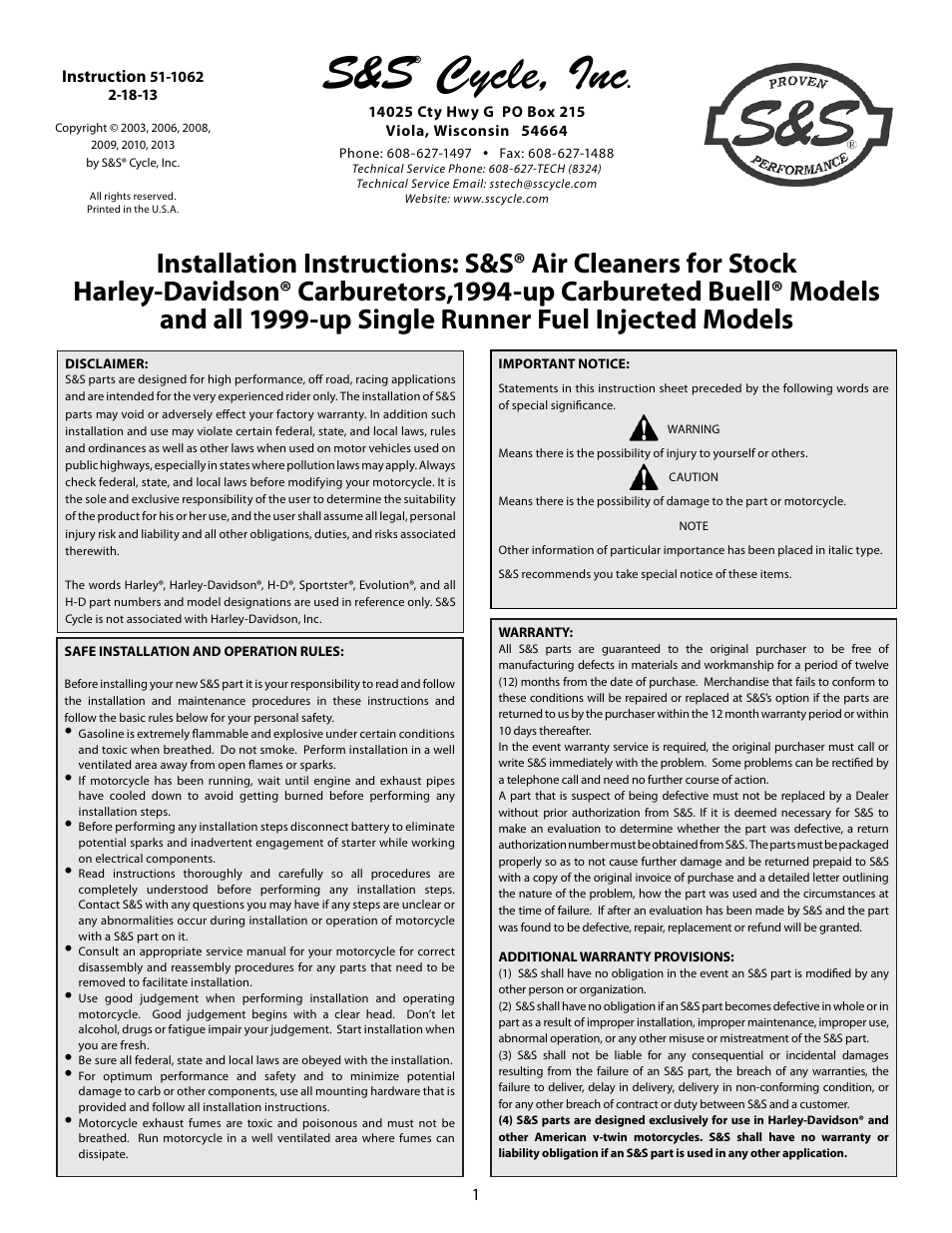 S&S Cycle Air Cleaners for Stock Harley-Davidson Carburetors,1994-up Carbureted Buell Models and all 1999-up Single Runner Fuel Injected Models User Manual | 8 pages