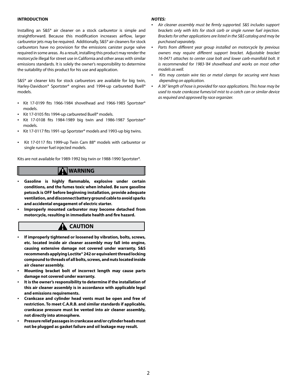 S&S Cycle Air Cleaners for Stock Harley-Davidson Carburetors,1994-up Carbureted Buell Models and all 1999-up Single Runner Fuel Injected Models User Manual | Page 2 / 8