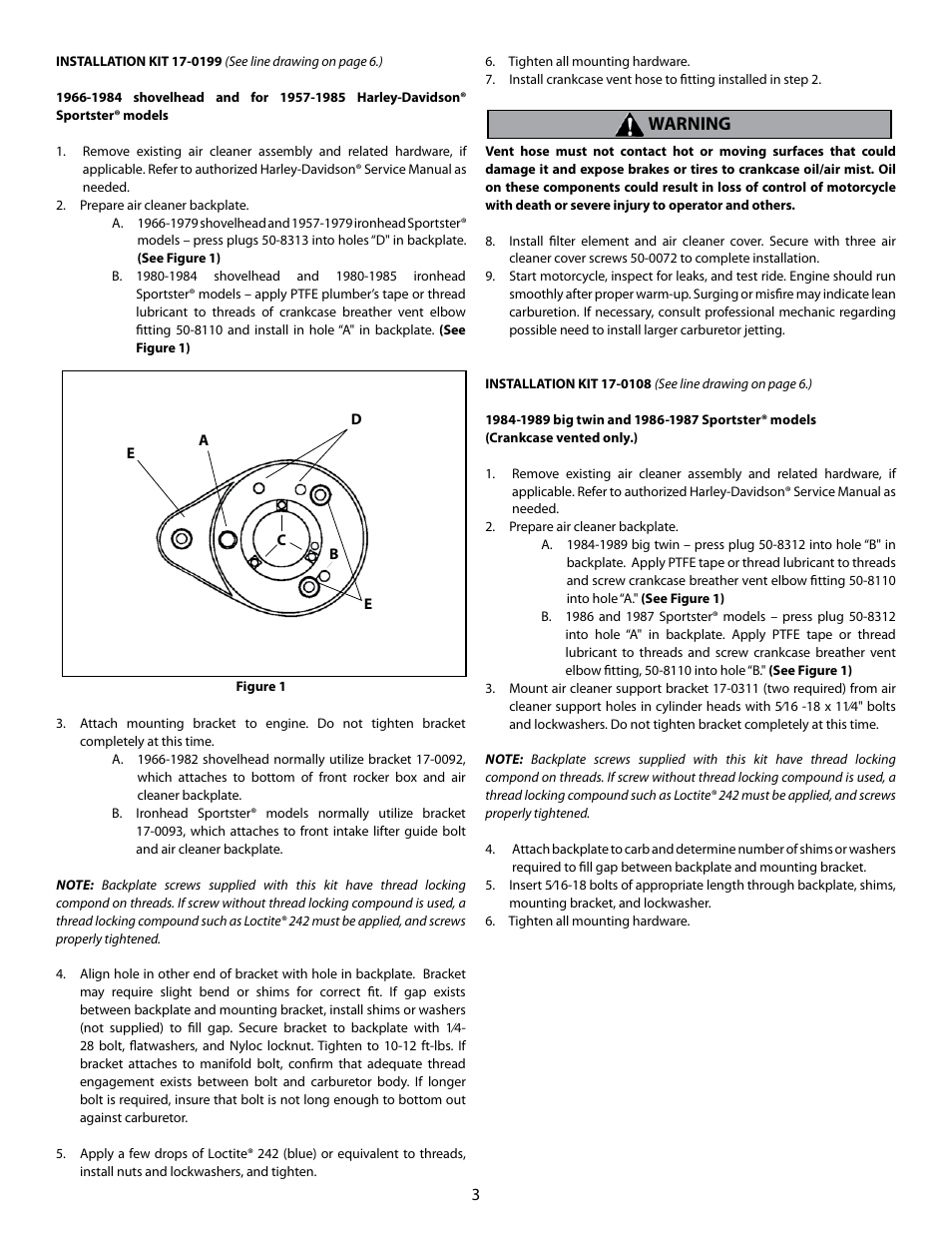 Warning | S&S Cycle Air Cleaners for Stock Harley-Davidson Carburetors,1994-up Carbureted Buell Models and all 1999-up Single Runner Fuel Injected Models User Manual | Page 3 / 8