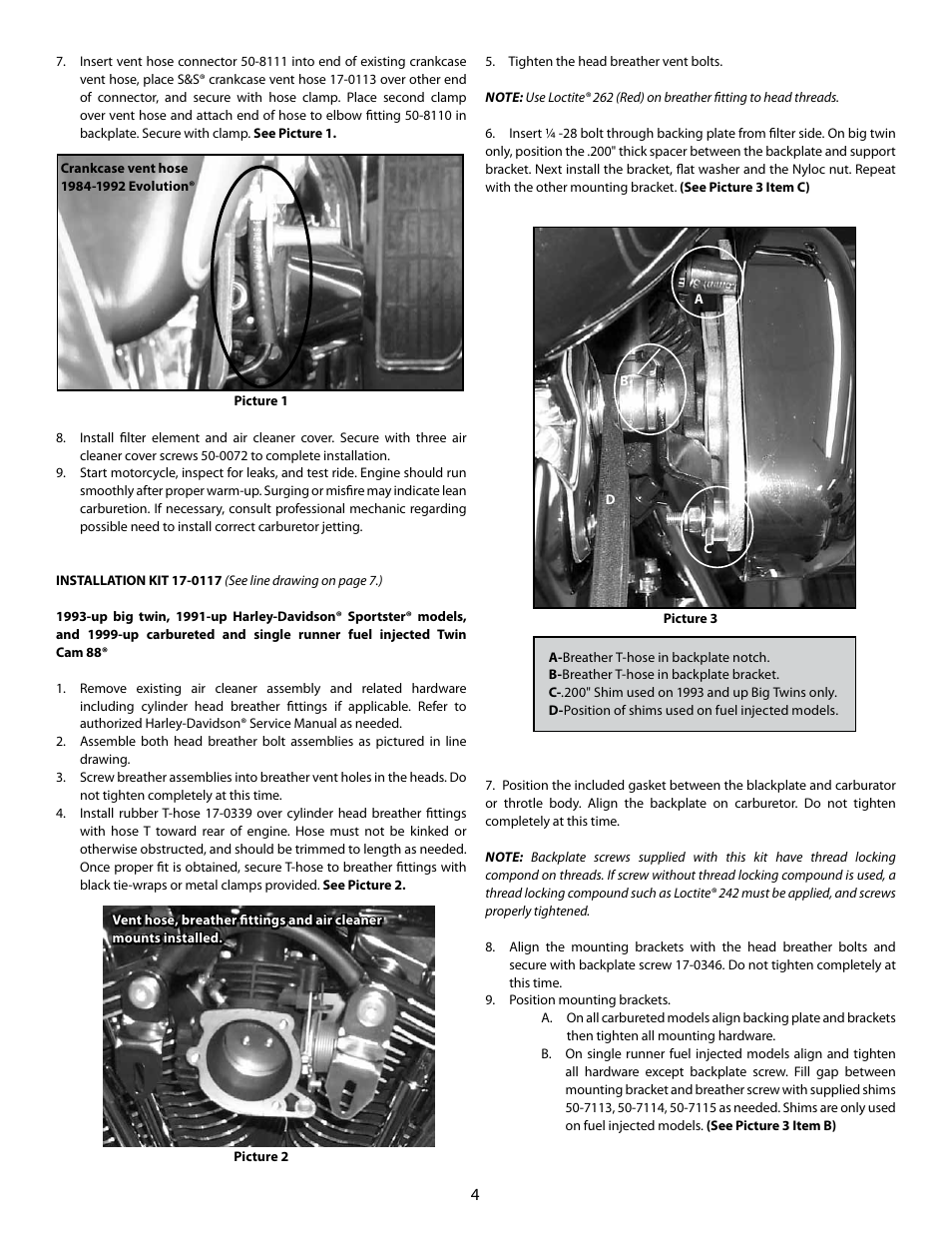 S&S Cycle Air Cleaners for Stock Harley-Davidson Carburetors,1994-up Carbureted Buell Models and all 1999-up Single Runner Fuel Injected Models User Manual | Page 4 / 8