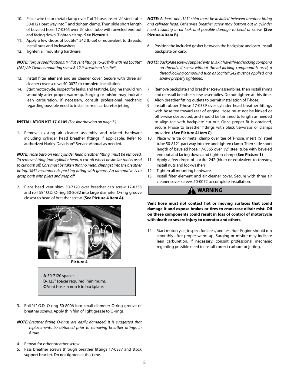 Warning | S&S Cycle Air Cleaners for Stock Harley-Davidson Carburetors,1994-up Carbureted Buell Models and all 1999-up Single Runner Fuel Injected Models User Manual | Page 5 / 8