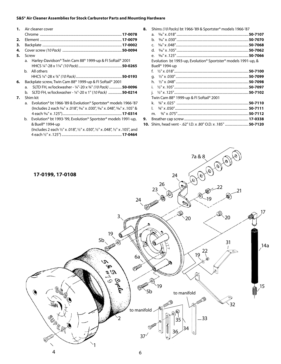 S&S Cycle Air Cleaners for Stock Harley-Davidson Carburetors,1994-up Carbureted Buell Models and all 1999-up Single Runner Fuel Injected Models User Manual | Page 6 / 8