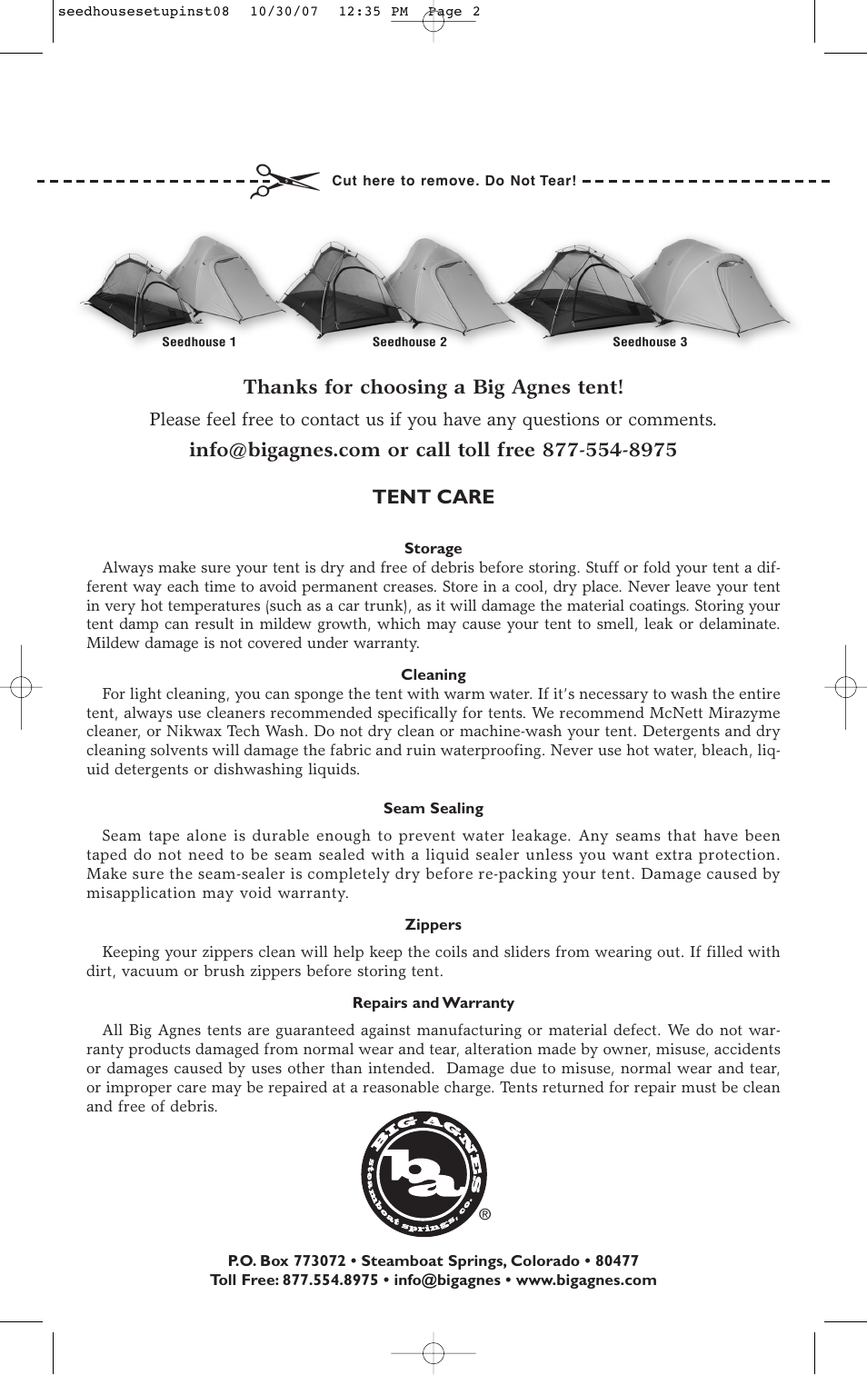 Big Agnes Seedhouse 3 User Manual | Page 2 / 2