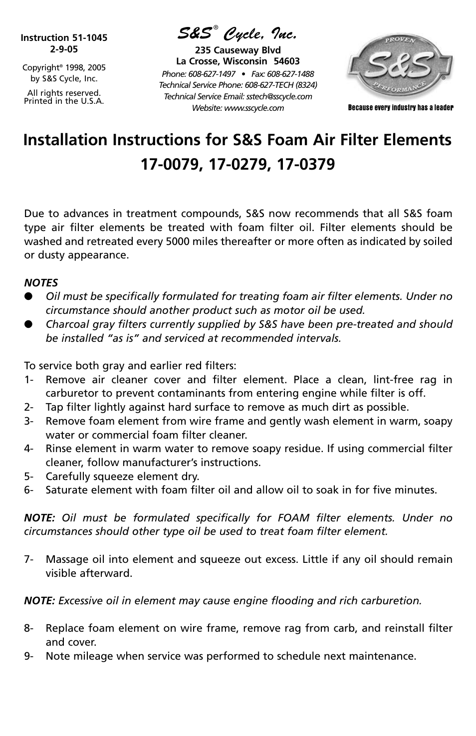 S&S Cycle Foam Air Filter Elements 17-0079, 17-0279, 17-0379 User Manual | 1 page