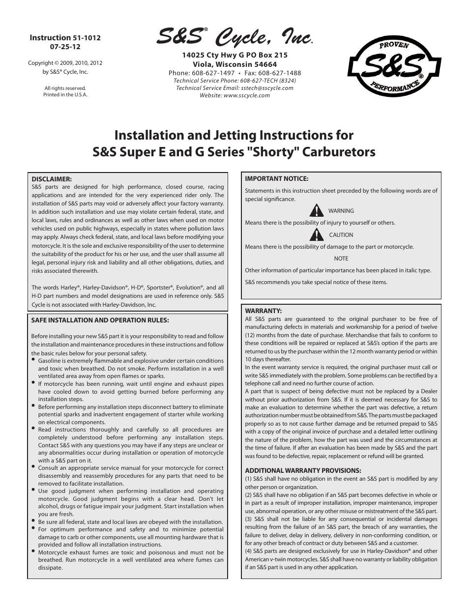 S&S Cycle Super E and G Series Shorty Carburetors User Manual | 36 pages