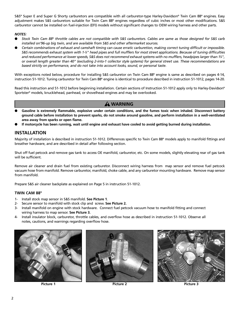 Installation, Warning | S&S Cycle Super E & G Series Shorty Carburetors for Harley-Davidson Twin Cam 88 Engines User Manual | Page 2 / 4