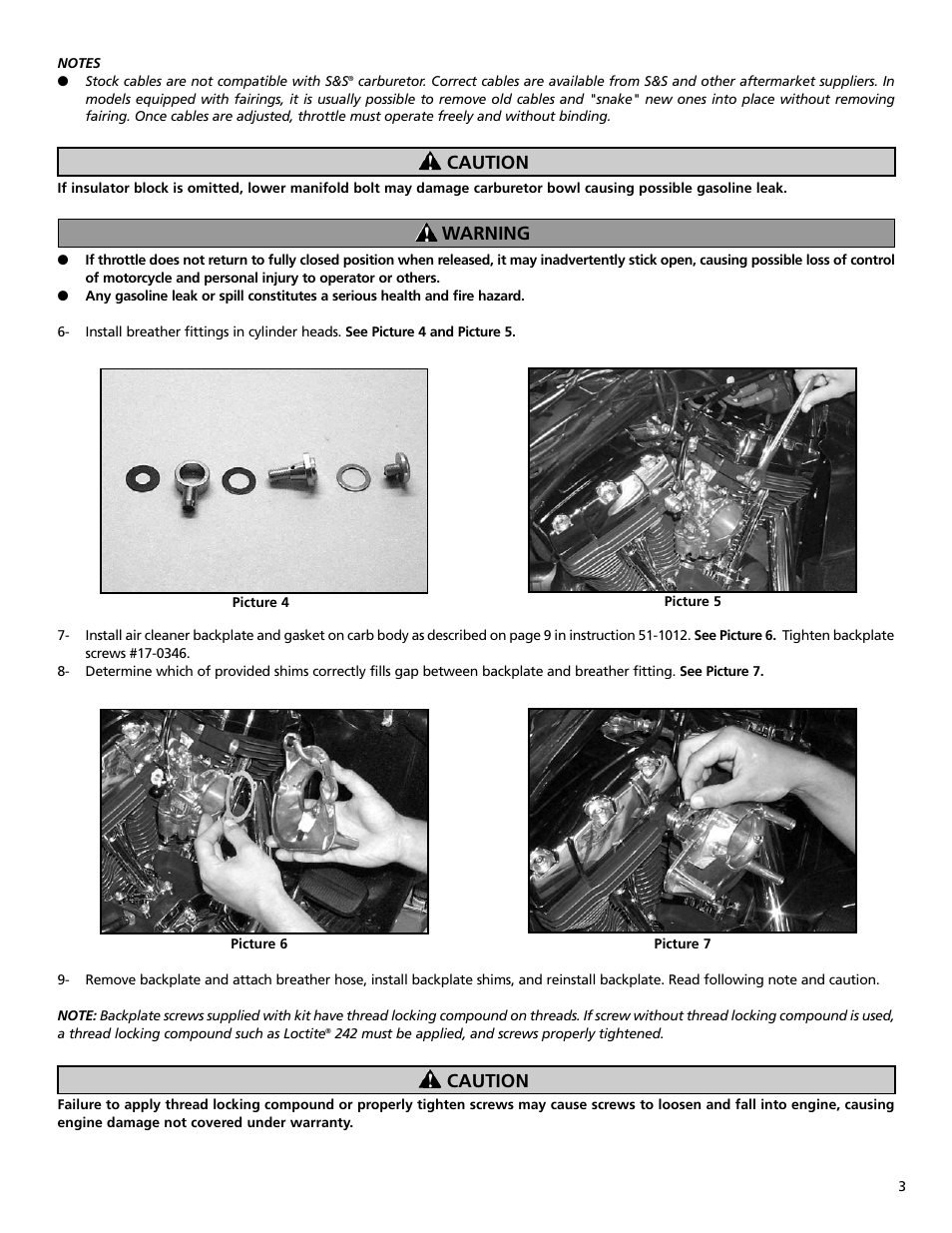 Caution warning caution | S&S Cycle Super E & G Series Shorty Carburetors for Harley-Davidson Twin Cam 88 Engines User Manual | Page 3 / 4