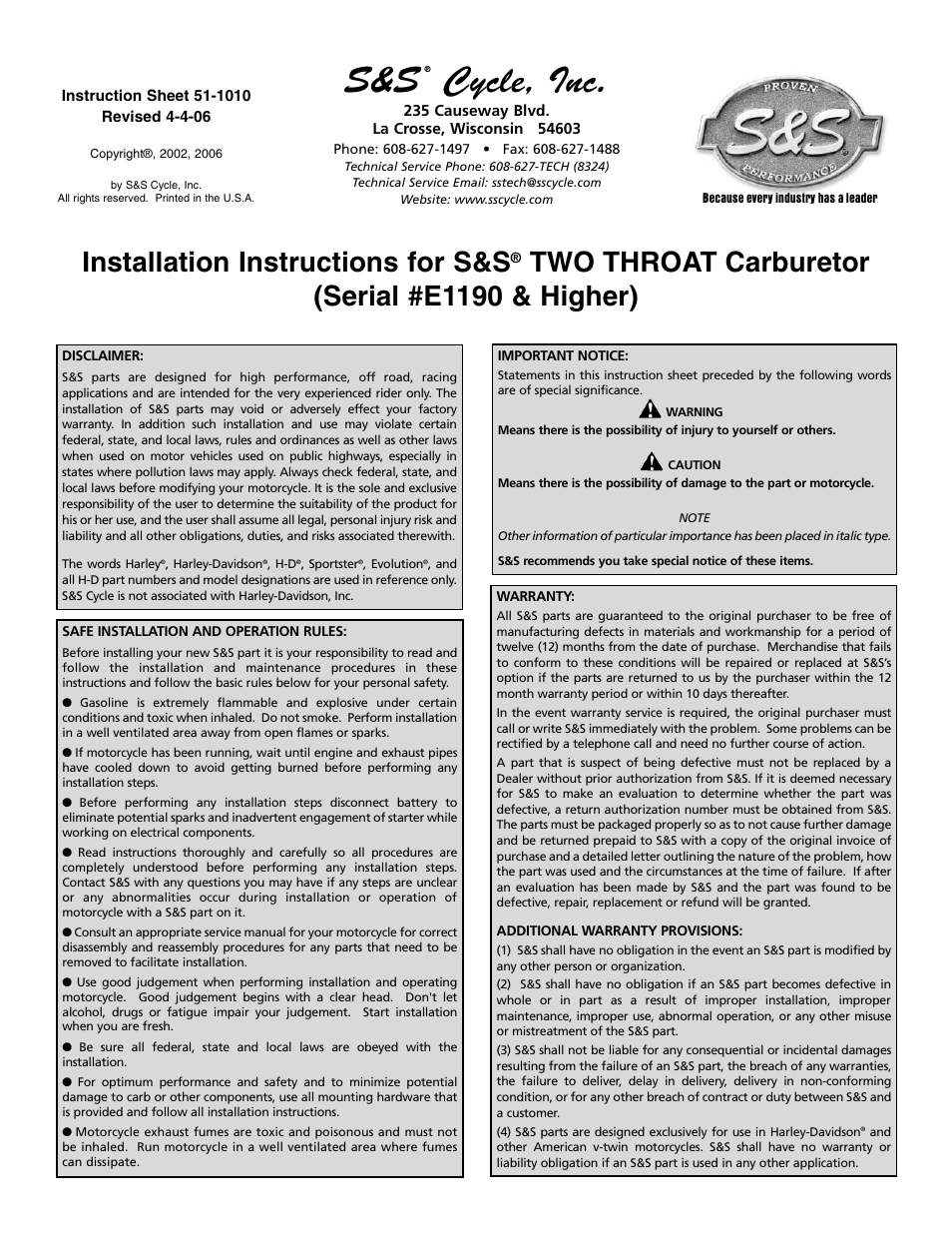 S&S Cycle TWO THROAT Carburetor (Serial E1190 & Higher) User Manual | 12 pages