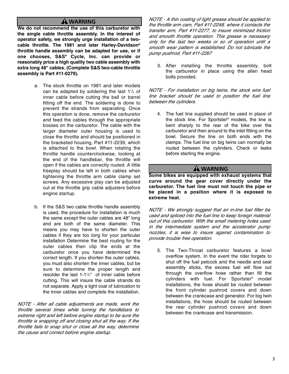 Warning | S&S Cycle TWO THROAT Carburetor (Serial E1190 & Higher) User Manual | Page 3 / 12