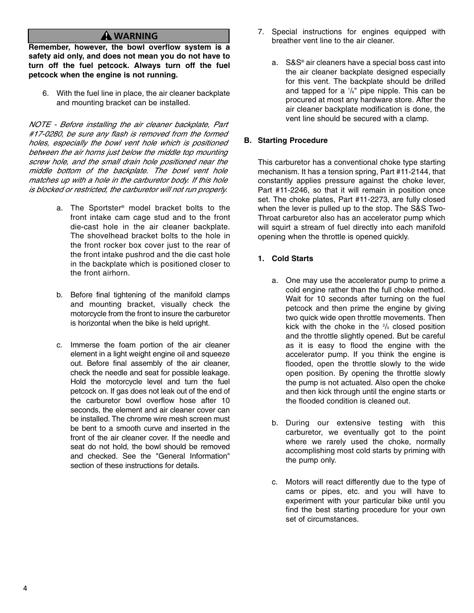 Warning | S&S Cycle TWO THROAT Carburetor (Serial E1190 & Higher) User Manual | Page 4 / 12