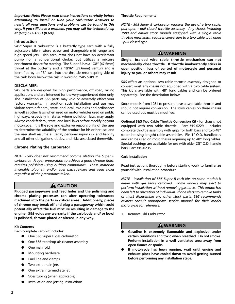 Caution warning warning | S&S Cycle Super B Series Carburetor User Manual | Page 2 / 12