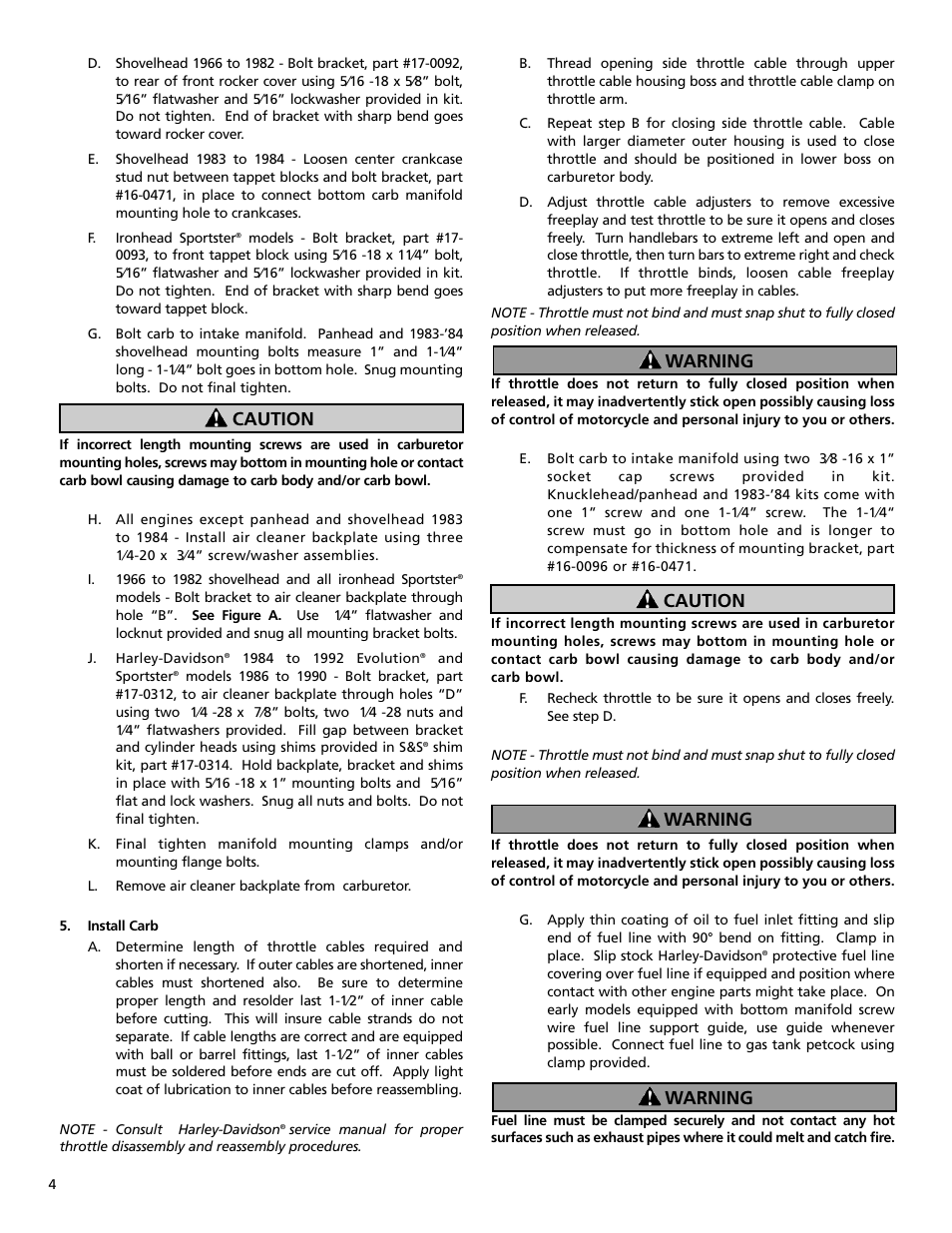 Caution warning caution warning warning | S&S Cycle Super B Series Carburetor User Manual | Page 4 / 12