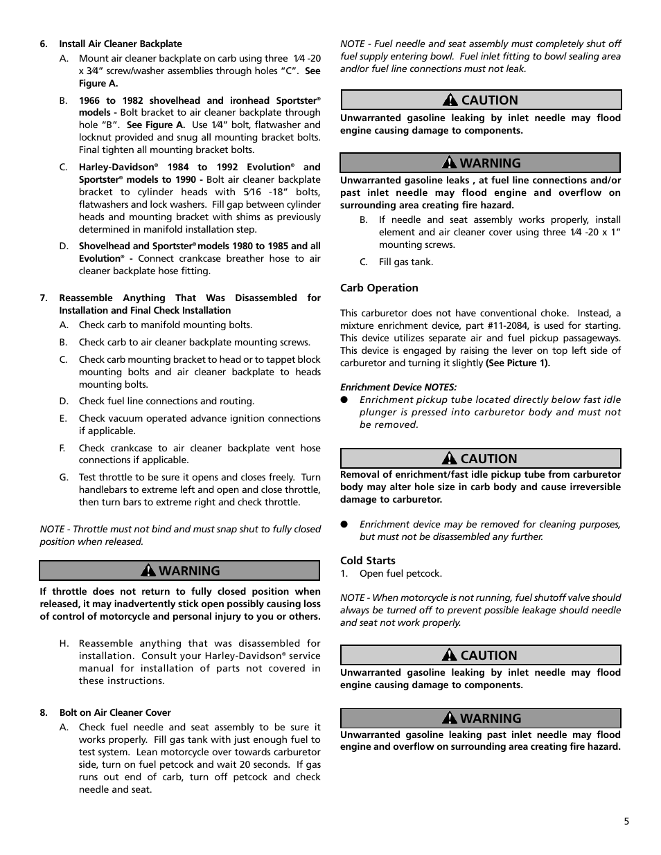 Warning caution warning caution caution warning | S&S Cycle Super B Series Carburetor User Manual | Page 5 / 12