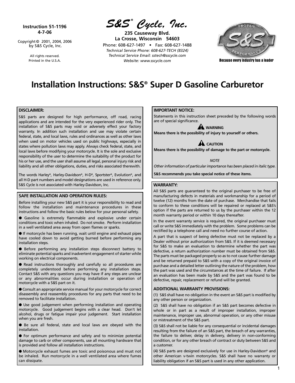 S&S Cycle Super D Gasoline Carburetor User Manual | 8 pages