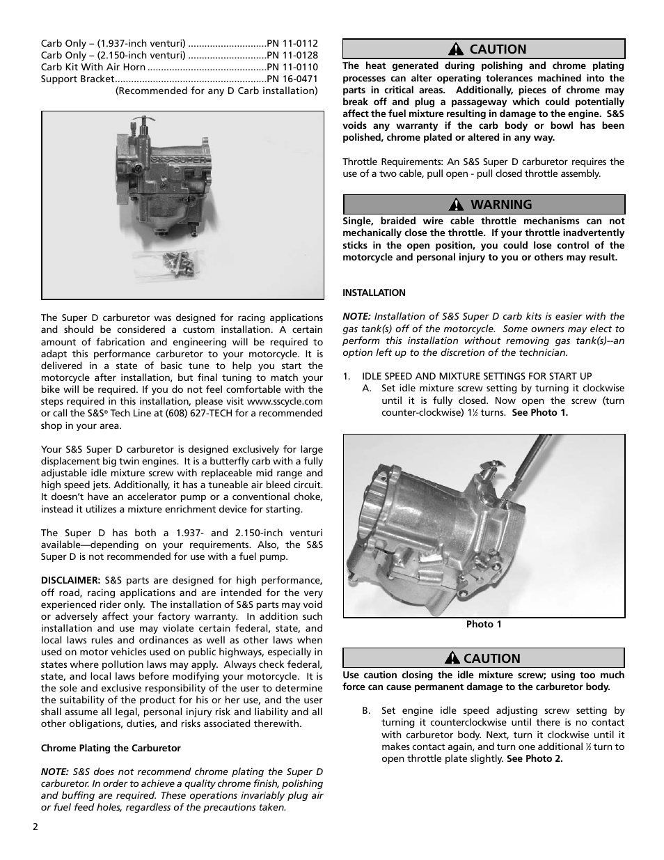 Warning caution, Caution | S&S Cycle Super D Gasoline Carburetor User Manual | Page 2 / 8