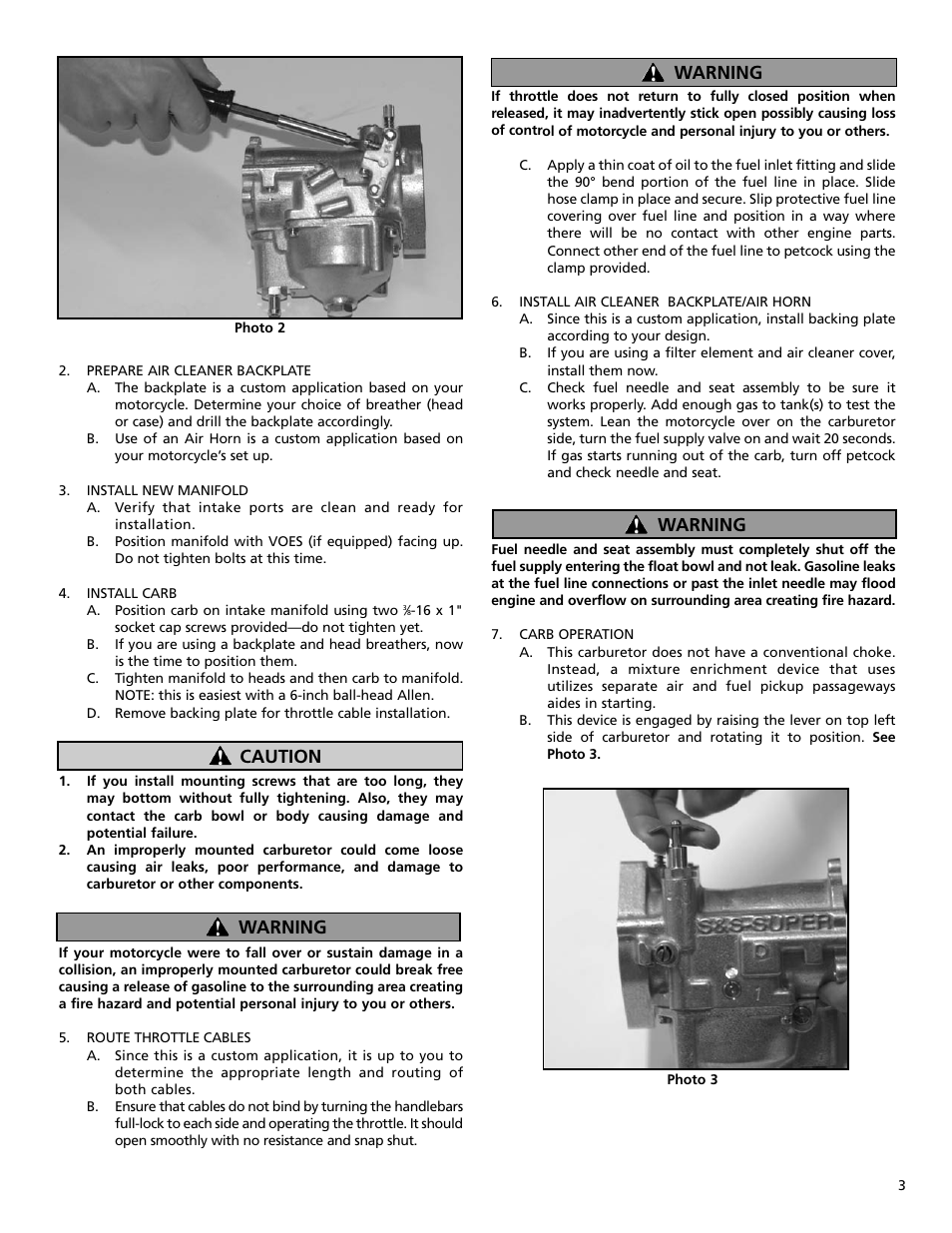 Caution warning warning, Warning | S&S Cycle Super D Gasoline Carburetor User Manual | Page 3 / 8