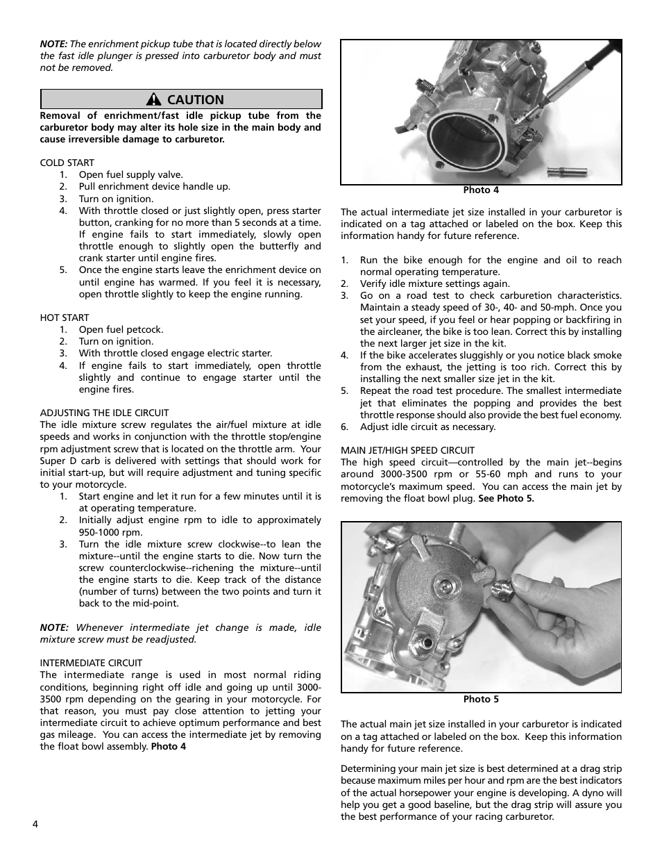 Caution | S&S Cycle Super D Gasoline Carburetor User Manual | Page 4 / 8