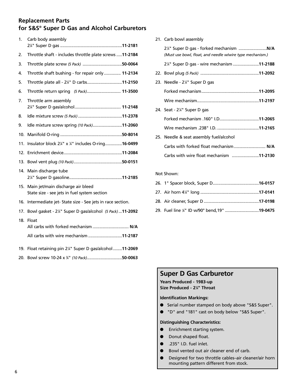 Super d gas carburetor, Replacement parts for s&s, Super d gas and alcohol carburetors | S&S Cycle Super D Gasoline Carburetor User Manual | Page 6 / 8