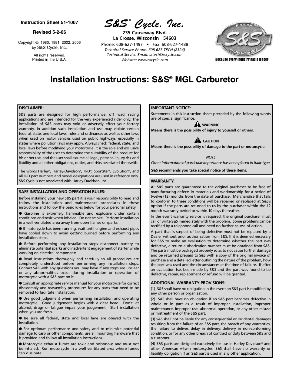 S&S Cycle MGL Carburetor User Manual | 8 pages