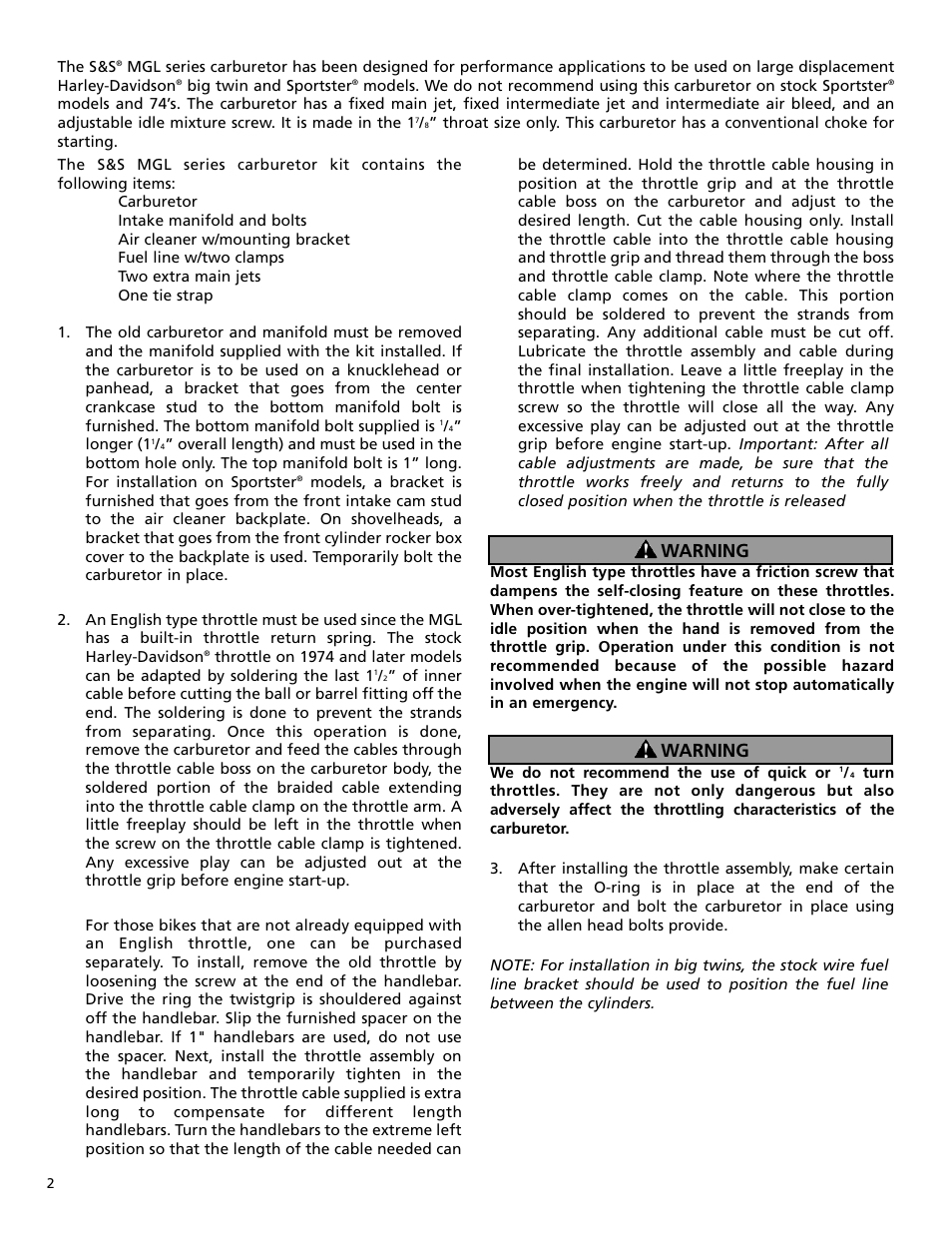 Warning | S&S Cycle MGL Carburetor User Manual | Page 2 / 8