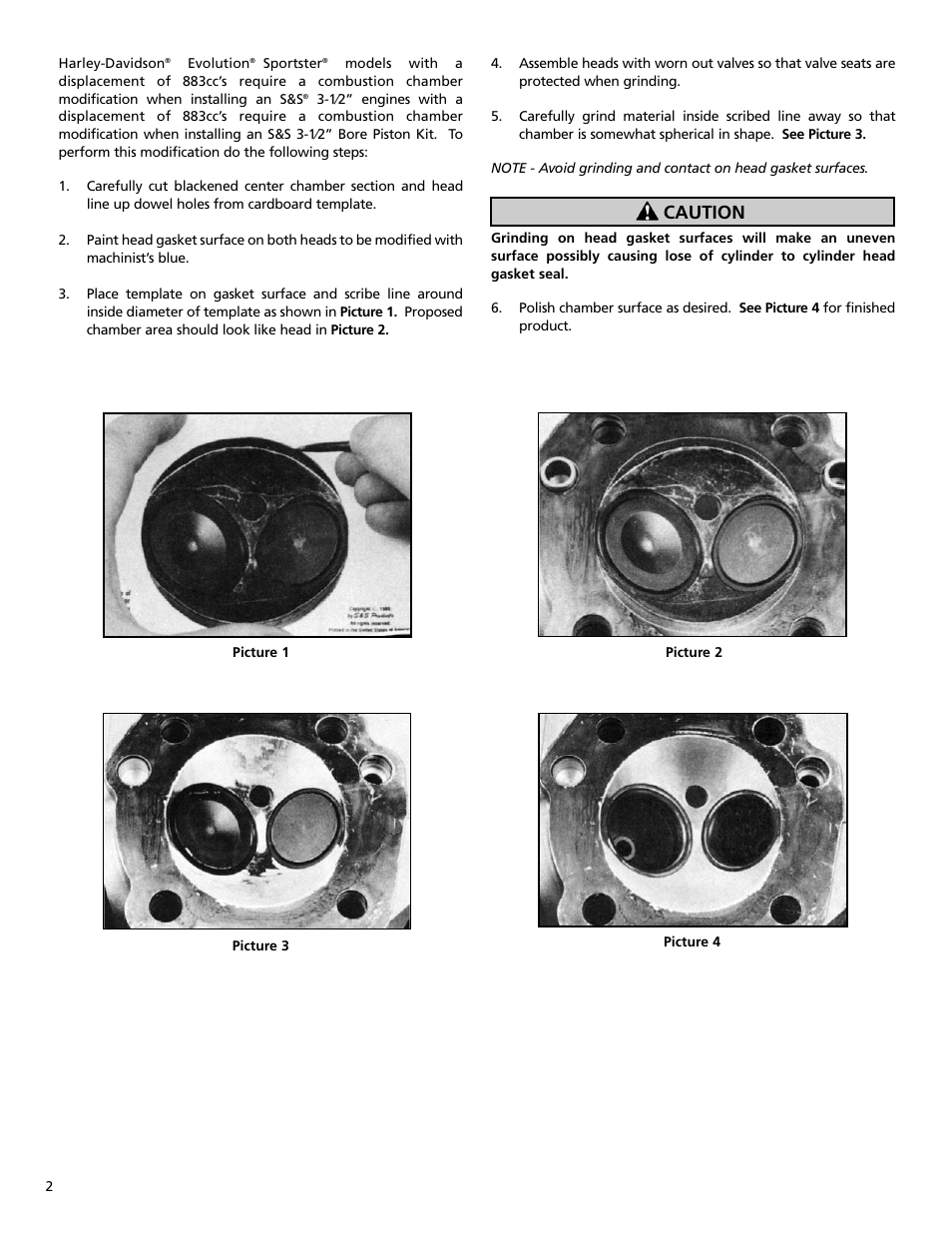 Caution | S&S Cycle Combustion Chamber Modification Instructions (Late Chamber) User Manual | Page 2 / 4