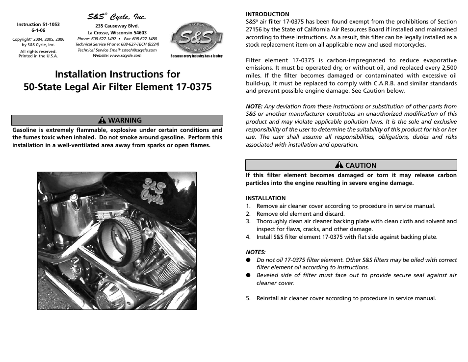 S&S Cycle 50-State Legal Air Filter Element 17-0375 User Manual | 1 page