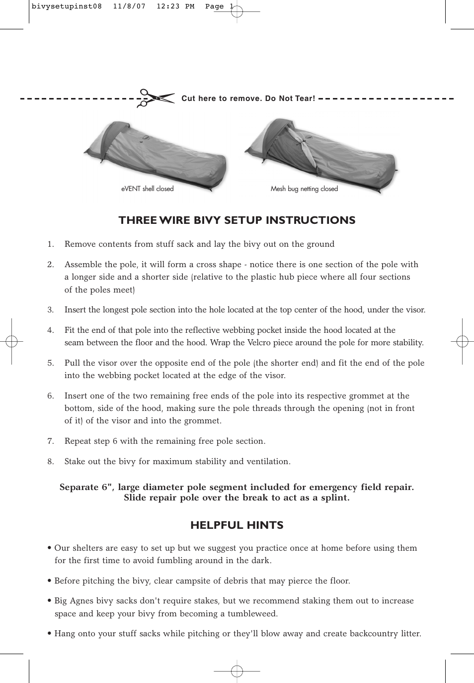 Big Agnes Three Wire Bivy Sack User Manual | 2 pages