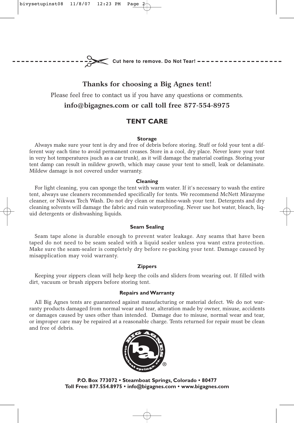 Big Agnes Three Wire Bivy Sack User Manual | Page 2 / 2