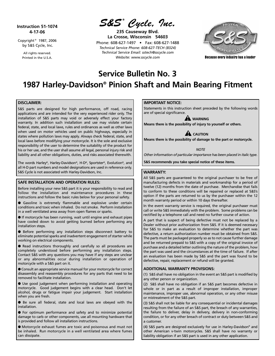 S&S Cycle Harley-Davidson 1987 Pinion Shaft and Main Bearing Fitment User Manual | 2 pages