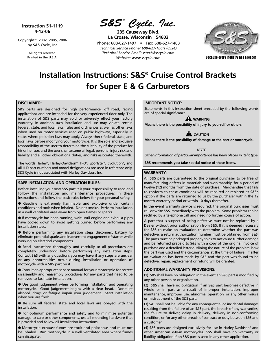 S&S Cycle Cruise Control Brackets for Super E & G Carburetors User Manual | 4 pages