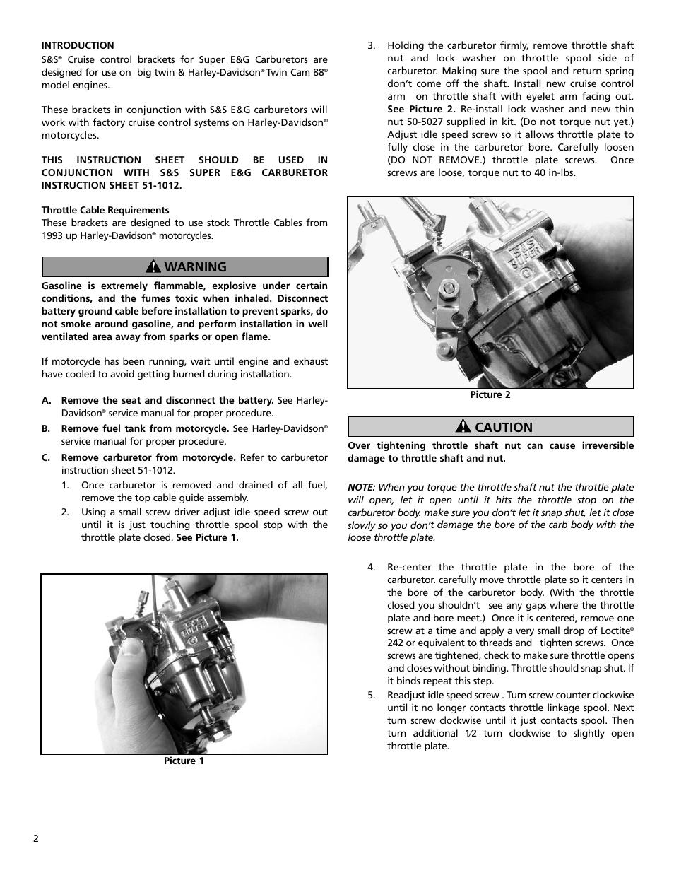 Warning, Caution | S&S Cycle Cruise Control Brackets for Super E & G Carburetors User Manual | Page 2 / 4