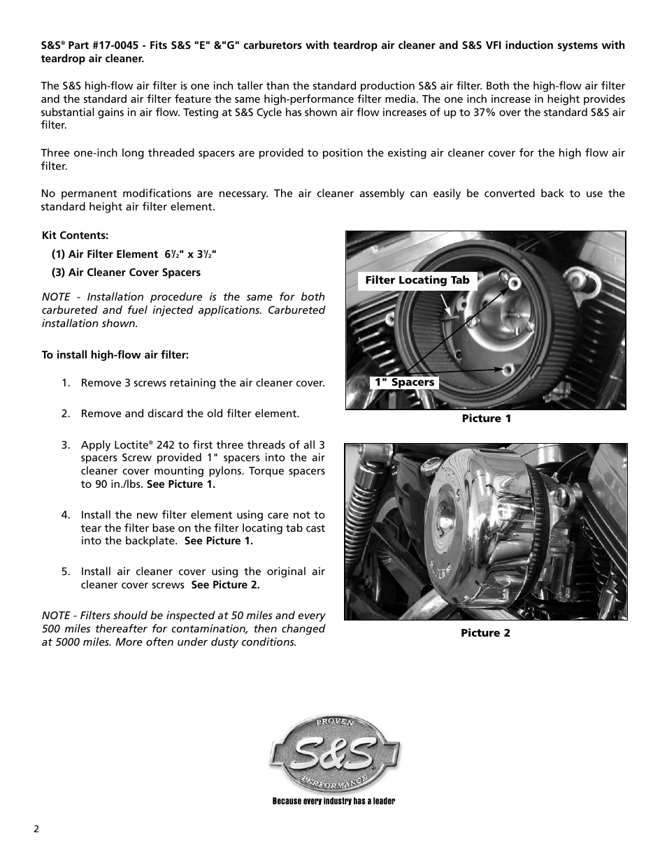 S&S Cycle High-Flow Air Filter Element User Manual | Page 2 / 2