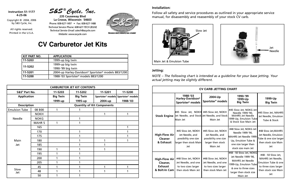 S&S Cycle CV Carburetor Jet Kits User Manual | 1 page