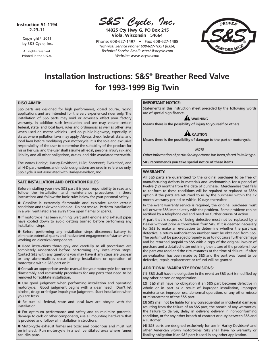 S&S Cycle Breather Reed Valve for 1993-1999 Big Twin User Manual | 2 pages