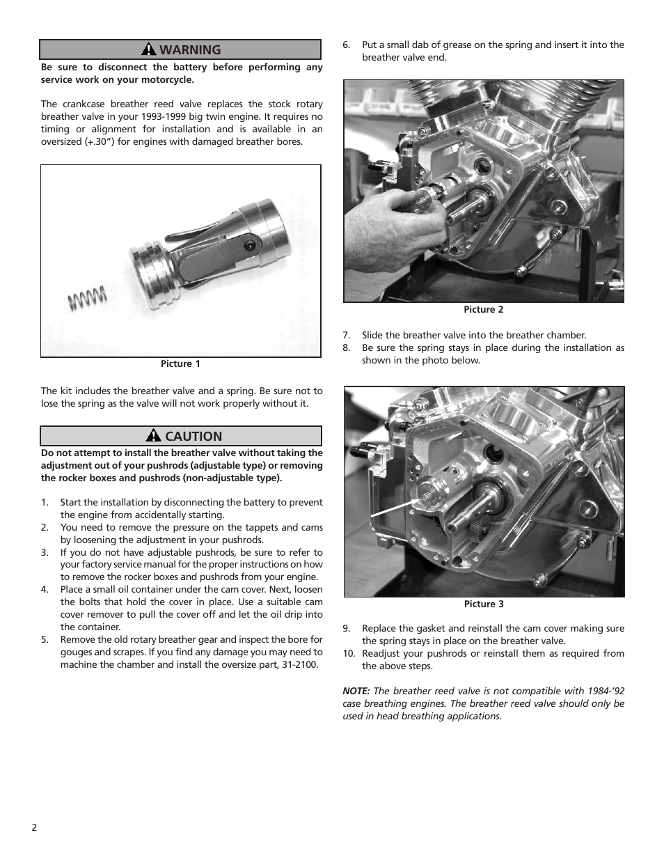 Warning, Caution | S&S Cycle Breather Reed Valve for 1993-1999 Big Twin User Manual | Page 2 / 2