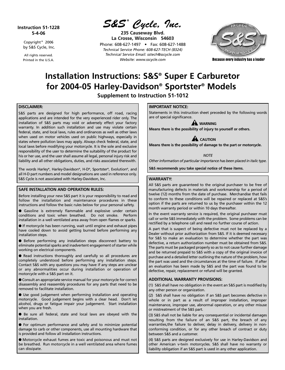 S&S Cycle Super E Carburetor for 2004-05 Harley-Davidson Sportster Models User Manual | 4 pages