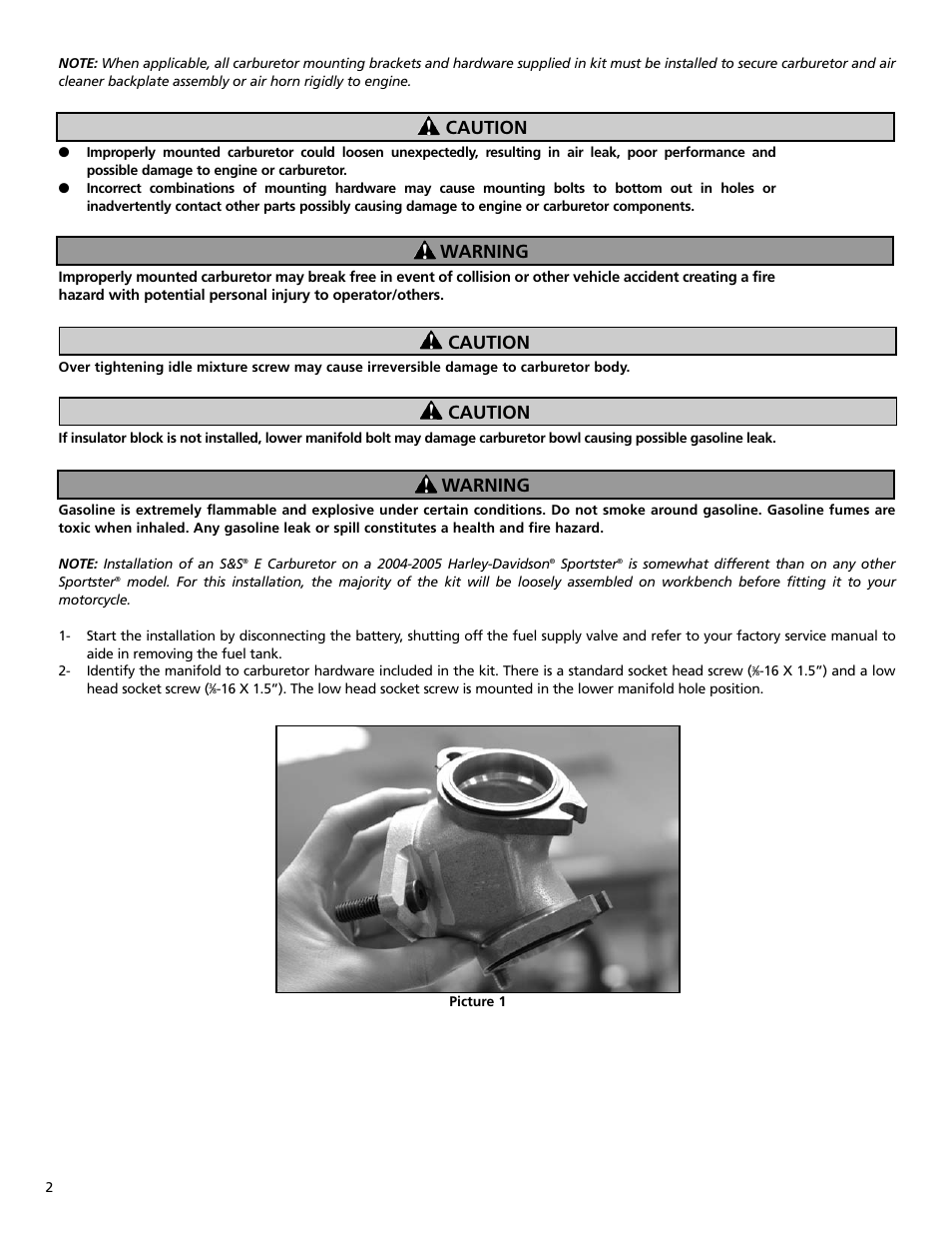 Caution, Caution warning warning | S&S Cycle Super E Carburetor for 2004-05 Harley-Davidson Sportster Models User Manual | Page 2 / 4