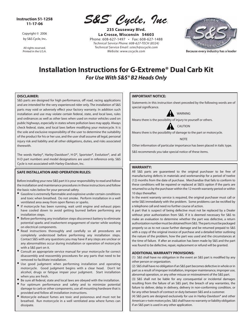 S&S Cycle G-Extreme Dual Carb Kit User Manual | 8 pages