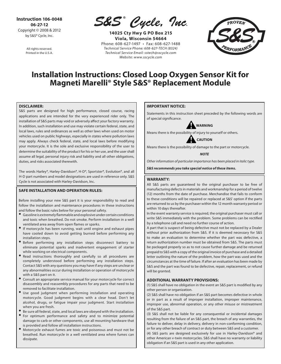 S&S Cycle Closed Loop Oxygen Sensor Kit for Magneti Marelli Style S&S Replacement Module User Manual | 6 pages