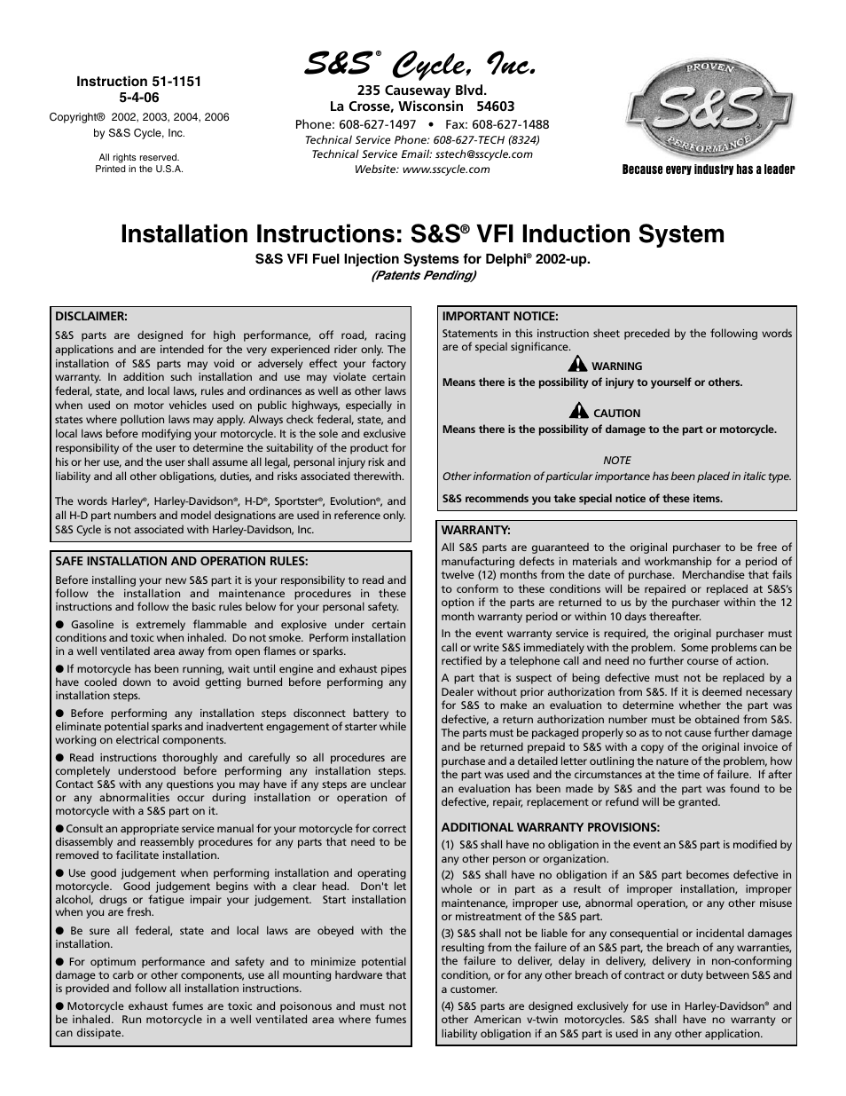 S&S Cycle VFI Induction System User Manual | 16 pages