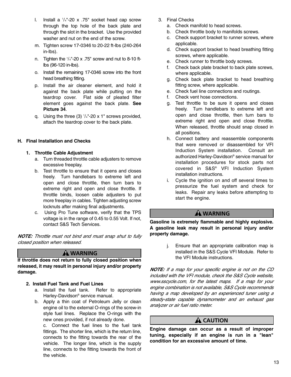 Warning, Warning caution | S&S Cycle VFI Induction System User Manual | Page 13 / 16