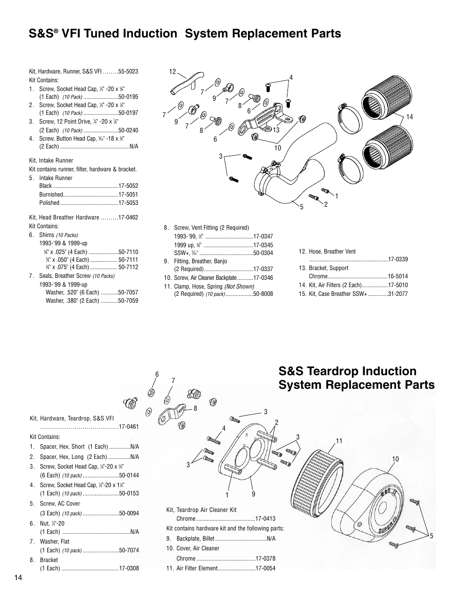 Vfi tuned induction system replacement parts, S&s teardrop induction system replacement parts | S&S Cycle VFI Induction System User Manual | Page 14 / 16