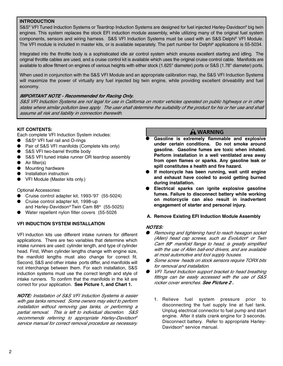 Warning | S&S Cycle VFI Induction System User Manual | Page 2 / 16