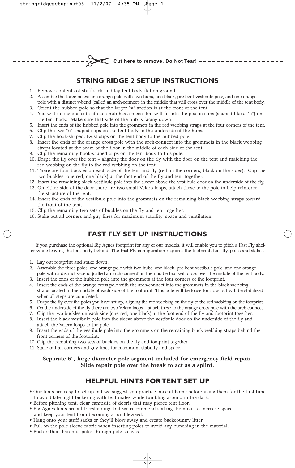 Big Agnes Mine Mountain Series String Ridge 2 User Manual | 2 pages
