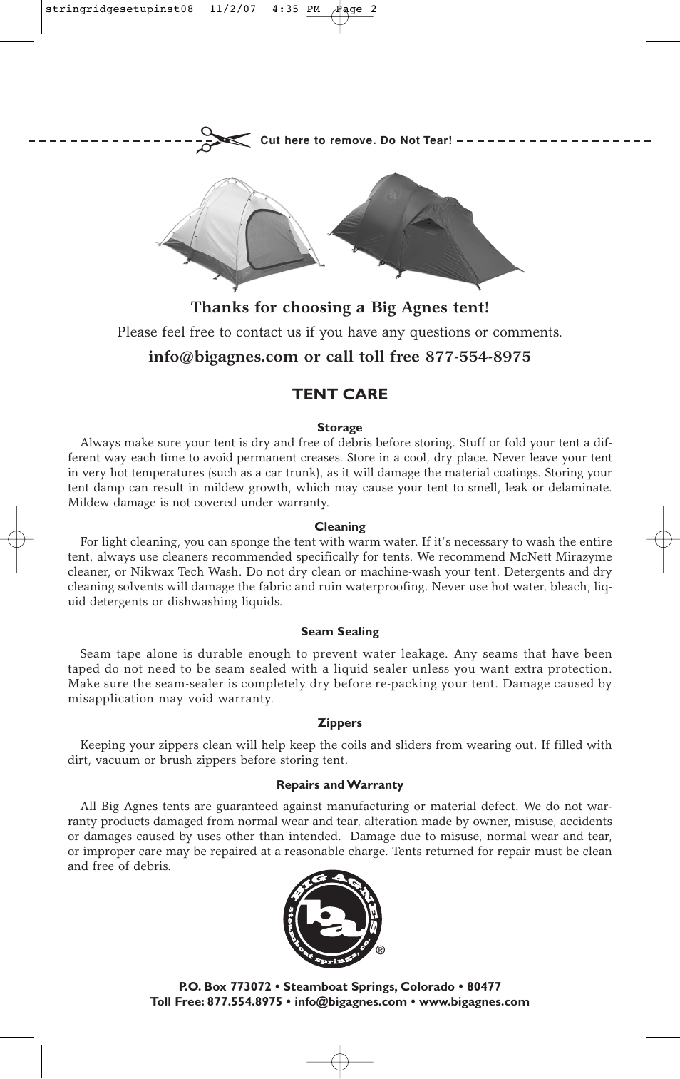 Big Agnes Mine Mountain Series String Ridge 2 User Manual | Page 2 / 2