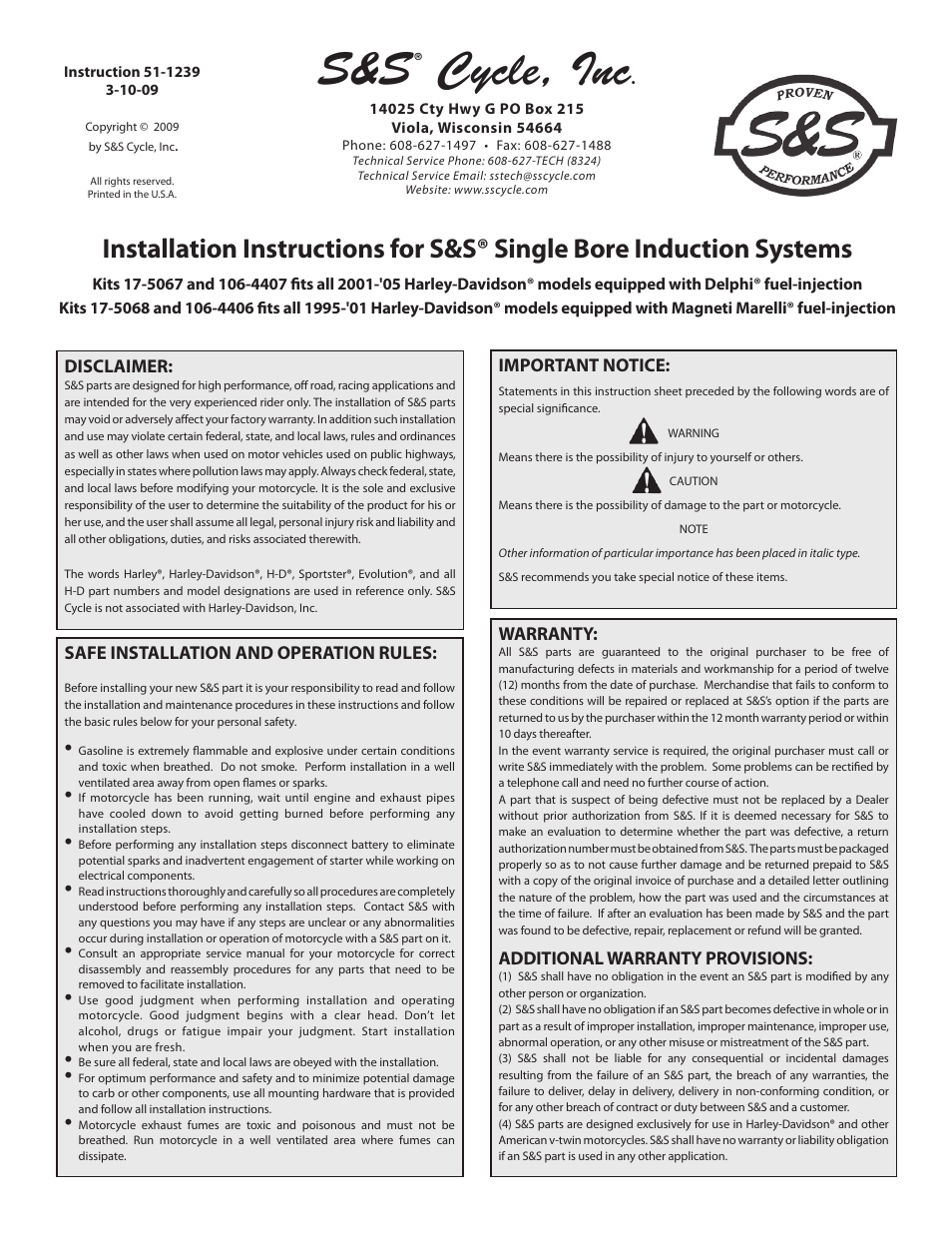 S&S Cycle Single Bore Induction Systems User Manual | 12 pages