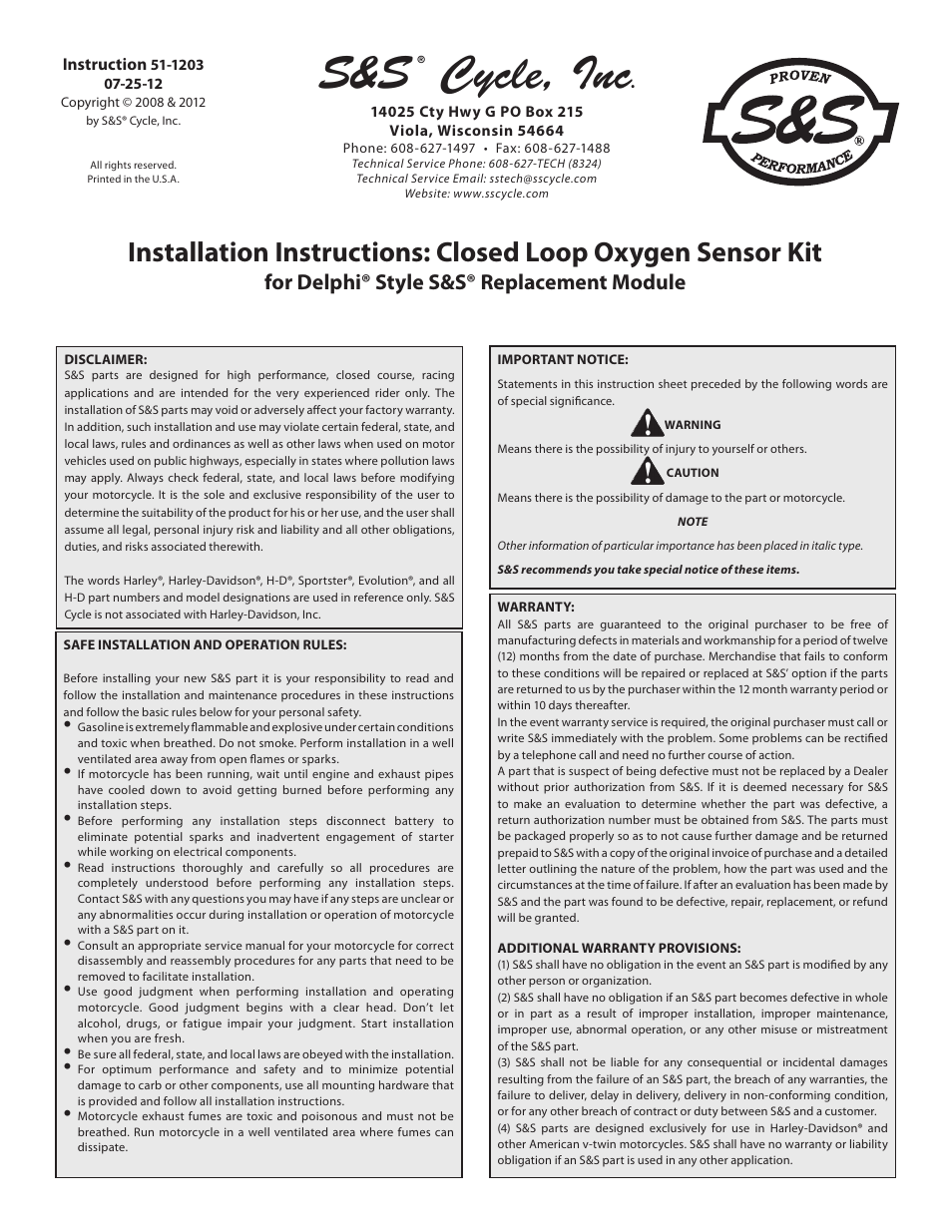 S&S Cycle Closed Loop Oxygen Sensor Kit for Delphi Style S&S Replacement Module User Manual | 8 pages
