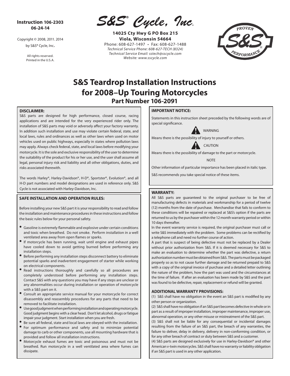 S&S Cycle Teardrop for 2008–Up Touring Motorcycles 106-2091 User Manual | 4 pages