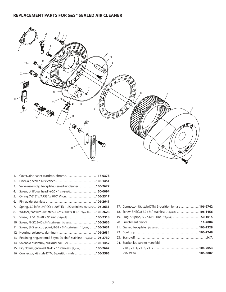 Replacement parts for s&s® sealed air cleaner | S&S Cycle Sealed Air Cleaner User Manual | Page 7 / 8